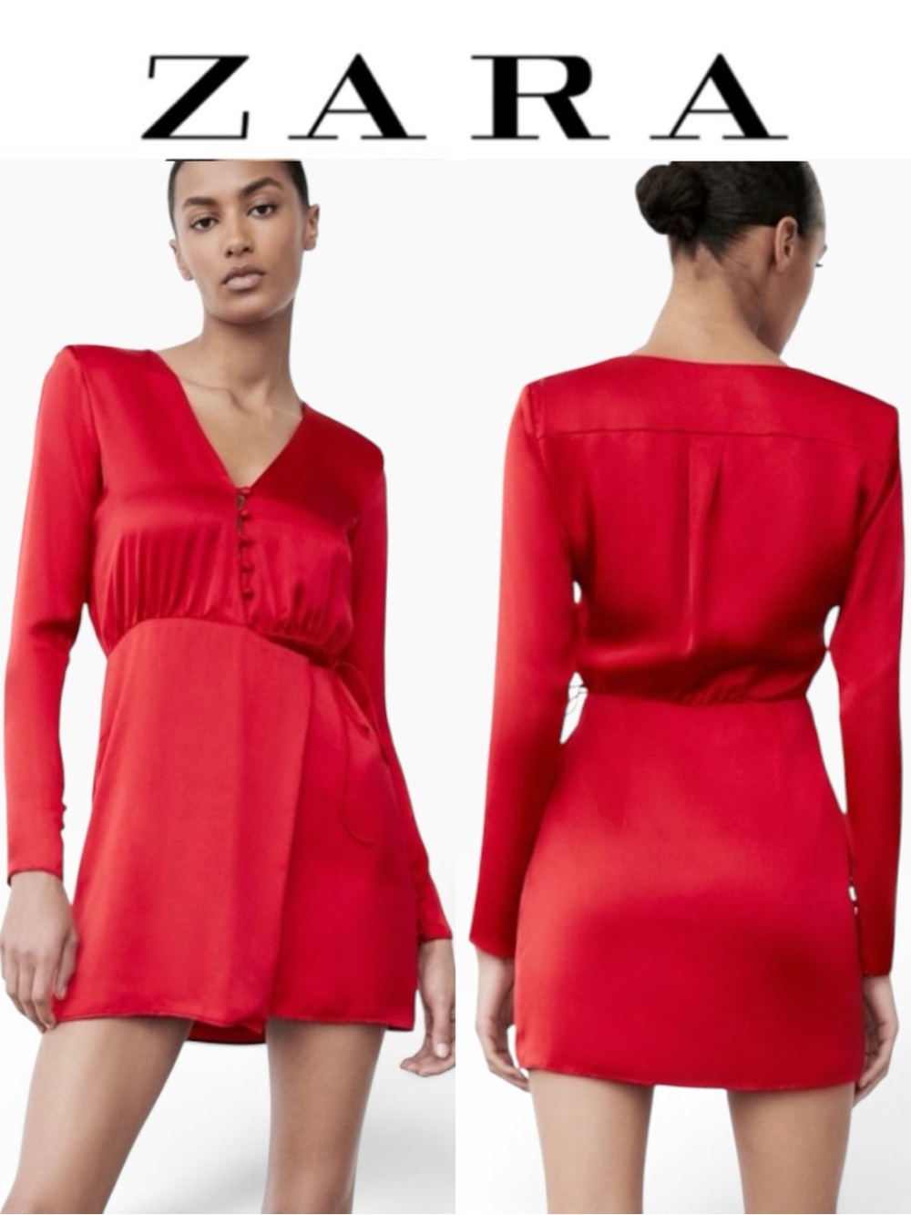 NWT ZARA RED SATIN EFFECT WRAP MINI DRESS V NECK LONG SLEEVE TIE WAIST SIZE M